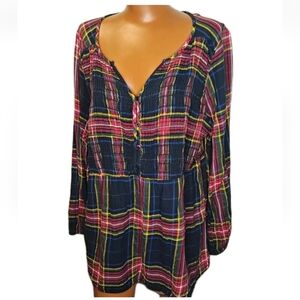 Lane Bryant Peplum Popover Blouse Plus Size 18/20W Tartan Plaid Smocked V-Neck